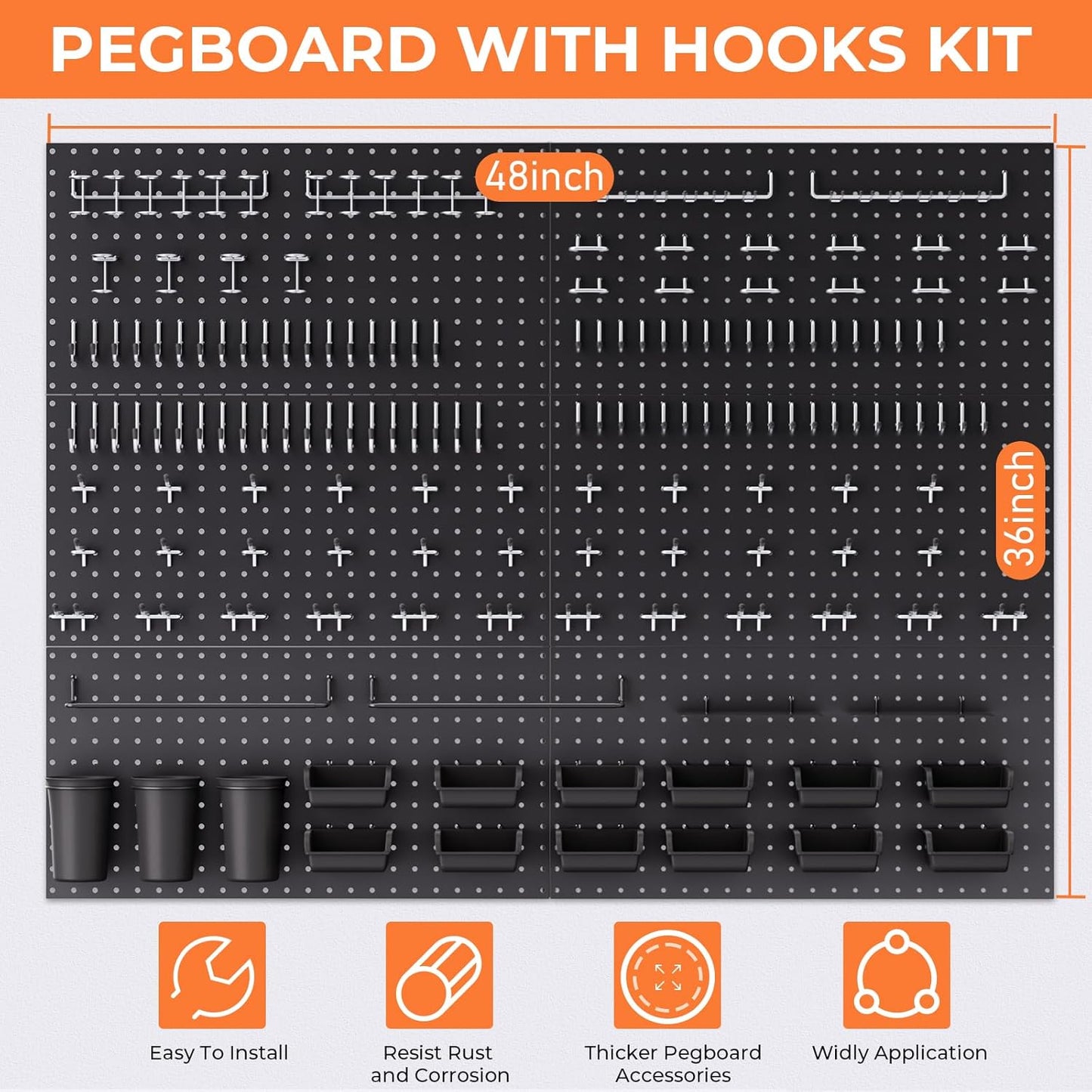INCLY 48x24 Inch Metal Peg Board Kit with 1/4" Pegboard Hooks Accessories, 4PCS Pegboard Panels and 156PCS Black Pegboard Wall Organizer Tool Storage System for Garage Workbench Shed