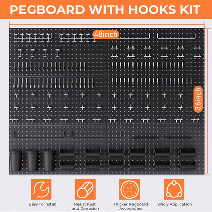 INCLY 48x24 Inch Metal Peg Board Kit with 1/4" Pegboard Hooks Accessories, 4PCS Pegboard Panels and 156PCS Black Pegboard Wall Organizer Tool Storage System for Garage Workbench Shed