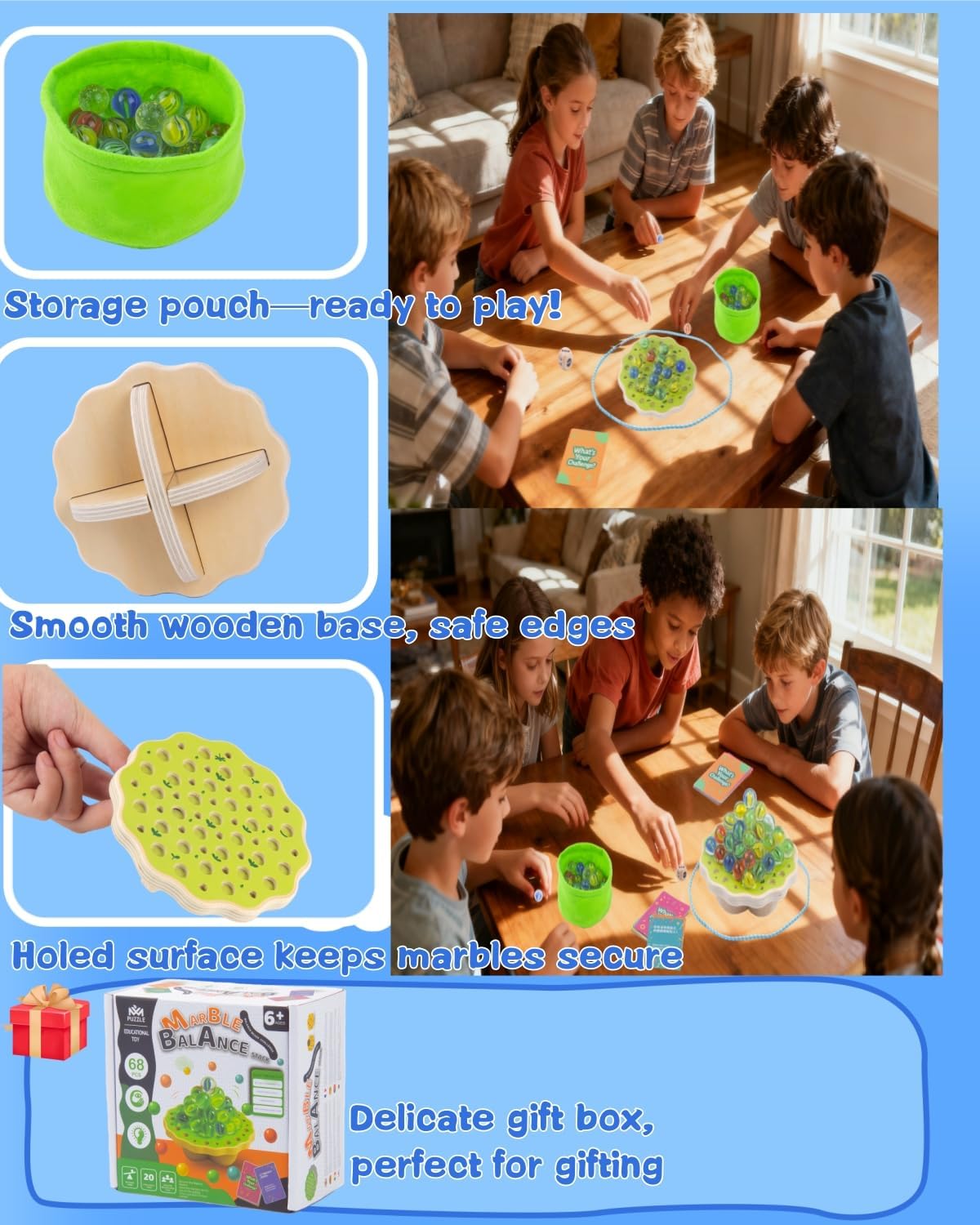 Wooden Marble Balance Game for Kids 6+ and Adults, Wobble Stacking Board 1–4 Players Family Game, 68 Glass Marbles, Dice, Challenge Cards, Party & Travel Game