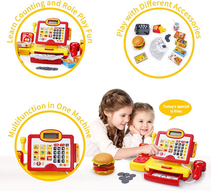 FS Pretend Play Cash Register Toy Preschool Gift for Kids, Classic Count Toy with Sound, Microphone, Scanner, Credit Card, Play Food for Boys & Girls, 57 Pieces Play Set, Ages 3 4 5 6 7, Purple