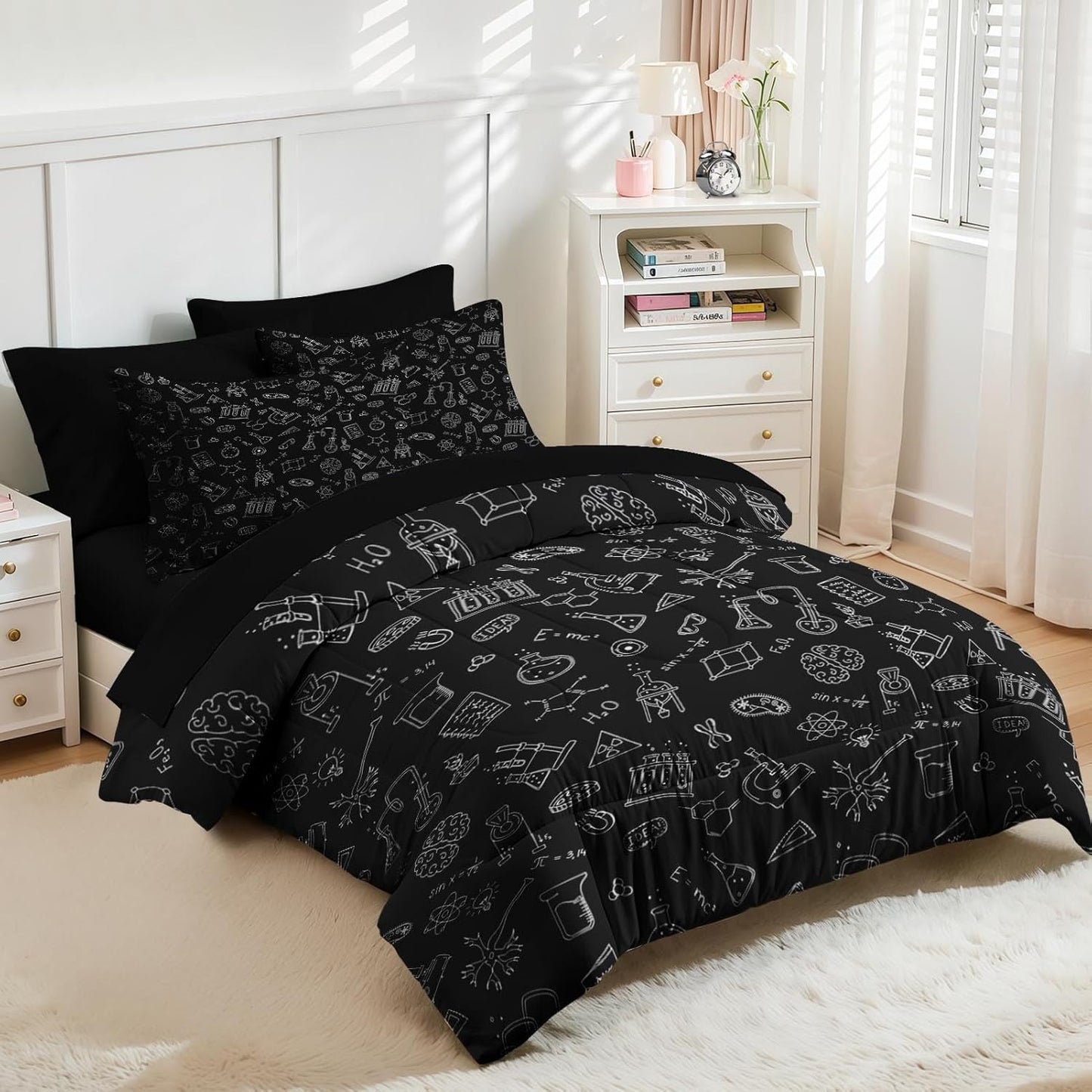 Nesker Comforter Set Twin Size, Science Lab School 5 Pcs Bedding for Kids and Adults, Medical University Chemistry Bed Sheet Sets with Fitted Sheet Pillowcase & Sham