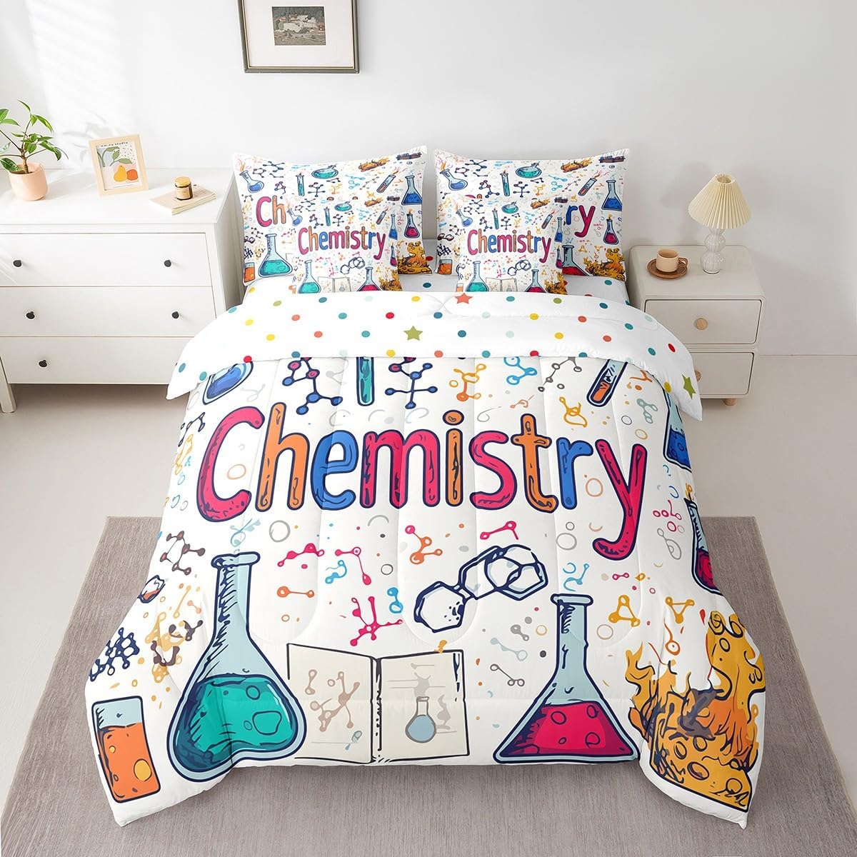 Erosebridal Chemical Equation Bed in a Bag Queen Comforter Set 7 Piece,Chemistry Bedding Sets Science Students Learning Gift Sheet Set with Comforter,Molecular Formula Education Bed Set - Colors A