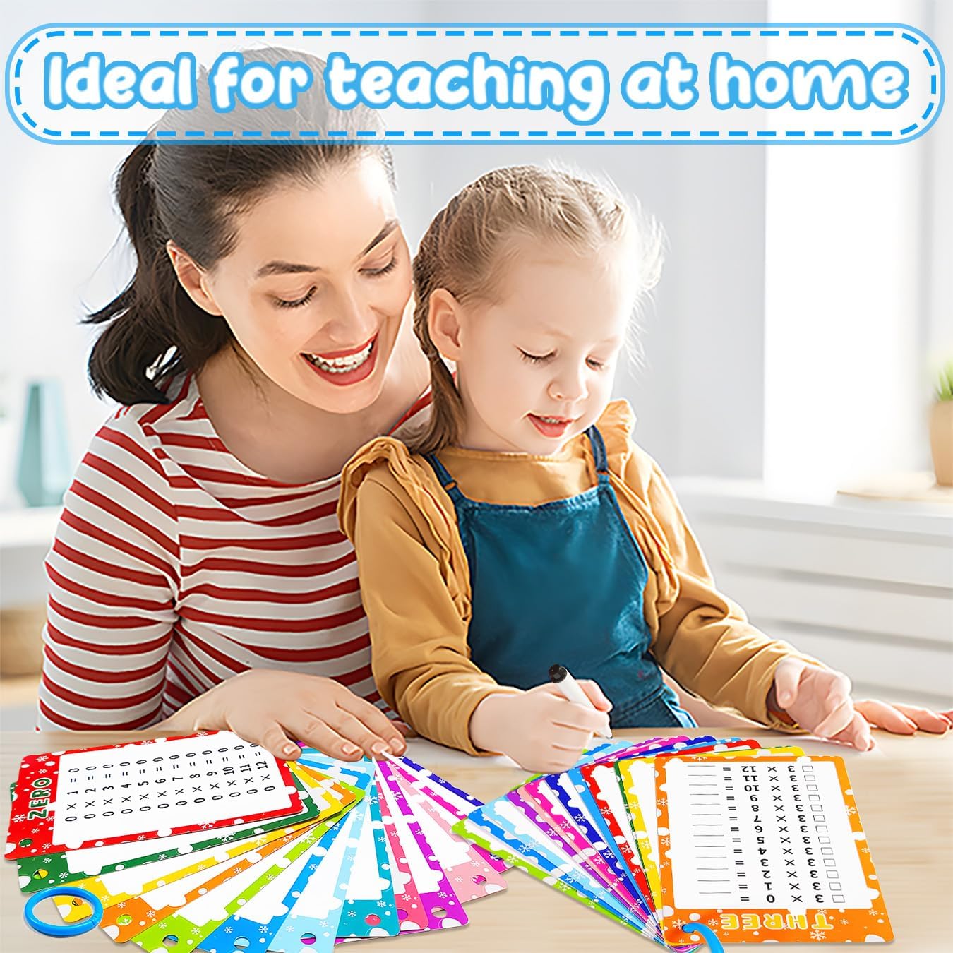 Multiplication Flash Cards 0-12, 14PCS Times Table Flashcard Chart, with Dry Erase Markers Sorting Ring, 1st, 2nd, 3rd Grades Educational Math for Classroom Home