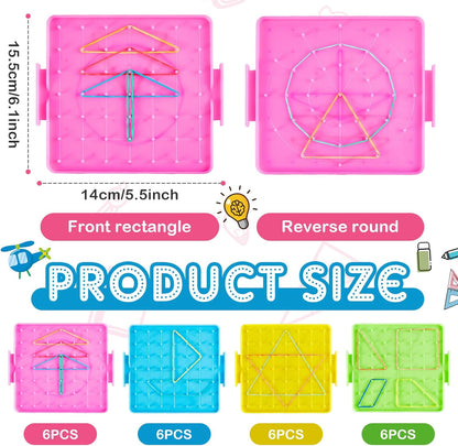 Deekin 24 Pcs Double Sided Geoboard Mathematical Kids Geoboards with Rubber Bands Math Manipulatives Toy for Geometry, 6.9 x 6.3 Inches Classroom Back to School