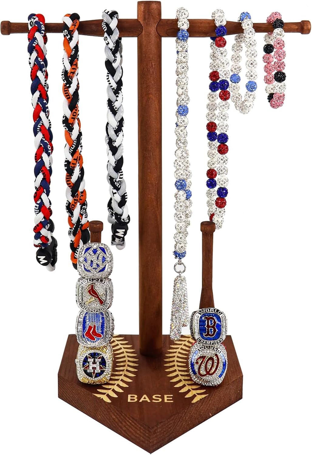 rain bunny Wooden Baseball or Softball Drip Necklace Organizer Holder, Championship Ring Display Holder, Softball Ring Holder, Drip Necklace Baseball Display Gift (Walnut Red)
