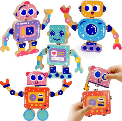 Robot Toys for Kids 3-5,Montessori Wooden Learning Toy with Take Apart Features Robots,STEM Educational Play Fine Motor Games for Toddler Boys Girls