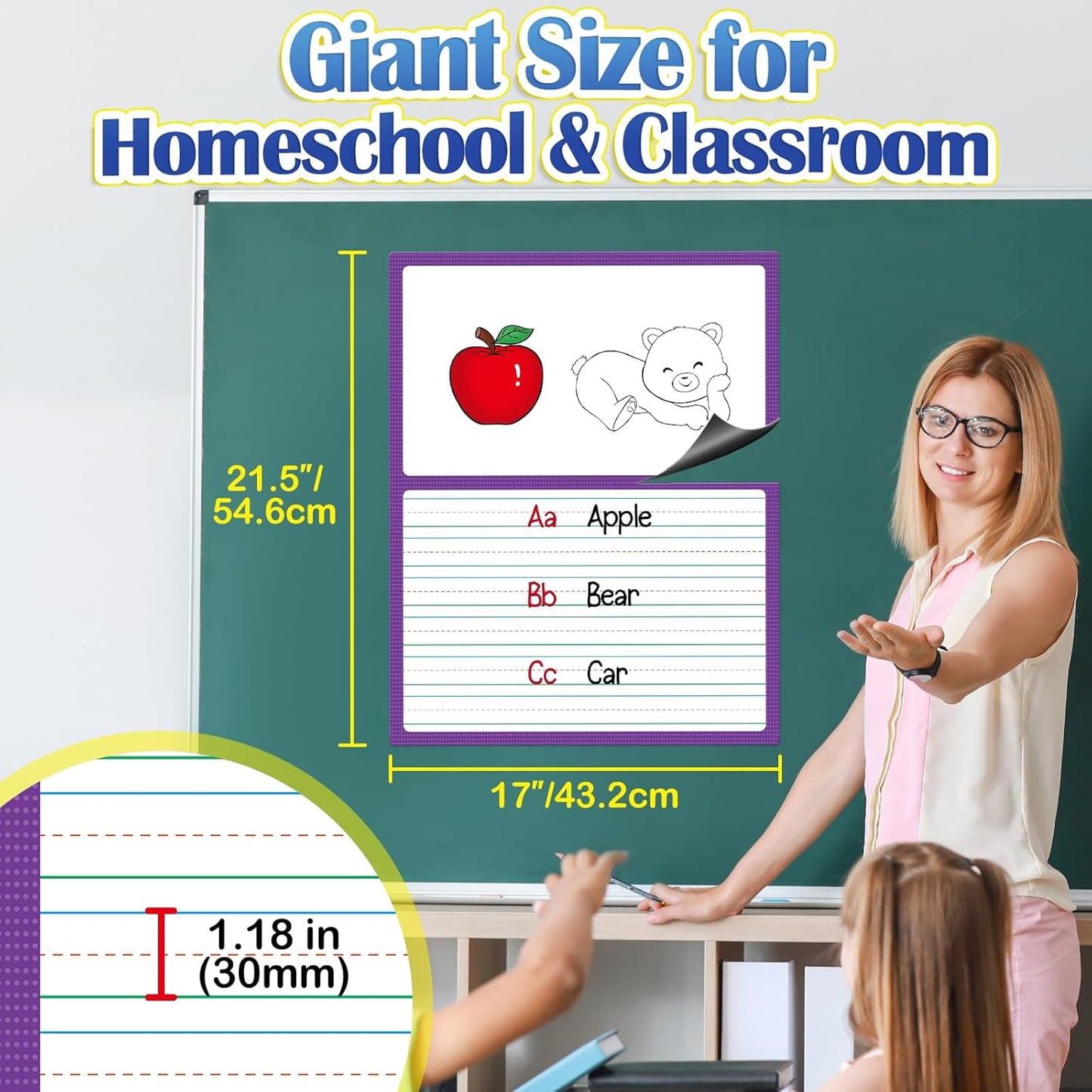 Aizweb Giant Magnetic Lined Notebook Paper,2 Dry Erase Sheets,Total Area 17" x 21.5",Handwriting Practice for Classroom Whiteboard,Chart Paper Teacher Must Have Homeschool Teaching Supplies
