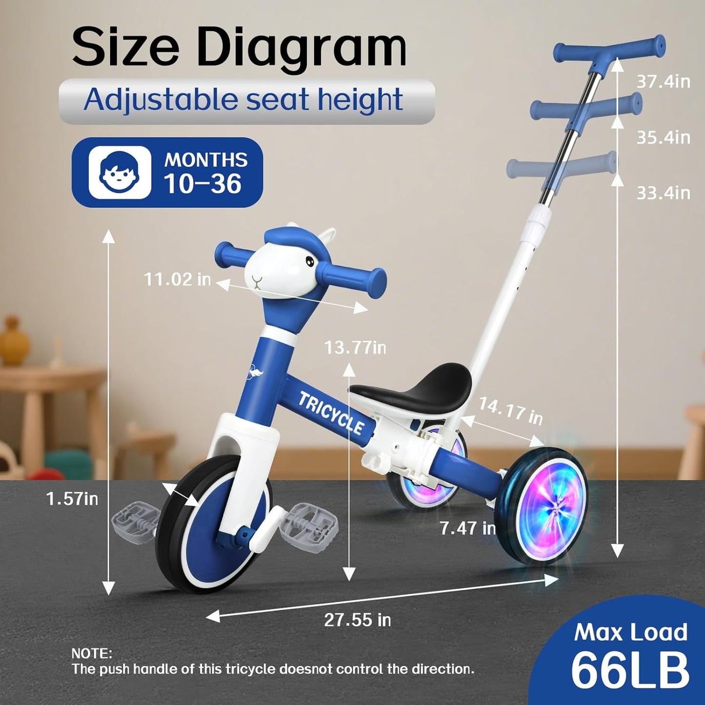 Tricycle for Toddlers 1-3 Year Olds, 5 in 1 Toddler Balance Bike 2-4 Years Old Boys Girls, Push Trike Toys with Adjustable Handle, Birthday Gifts for 2 3 4 5 Year Old Kids Bike (Blue)