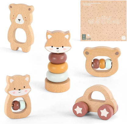 FReniland Wooden Montessori Baby Toys Set, 5-Piece Newborn Gift Set with Koala Rattle, Fox Stacking Rings & Push-Pull Toy for Boys and Girls