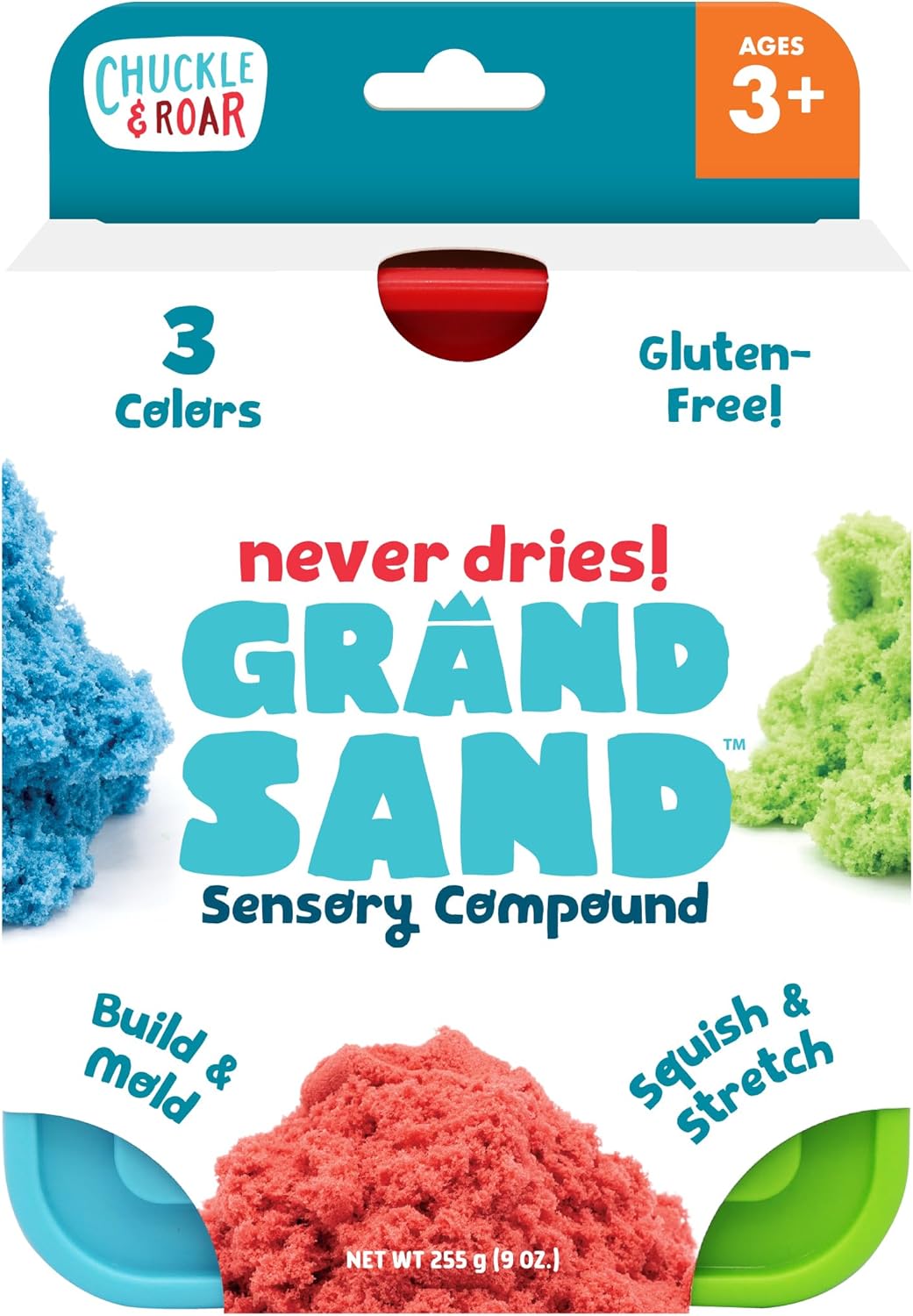 Chuckle & Roar Grand Sand Play Sand - Red, Blue & Green, Ages 3+, Pack of 3 - Never Dries, Sensory Bin Filler - Works Under Water, Sensory Table Filler - Stretch, Mold & Cut