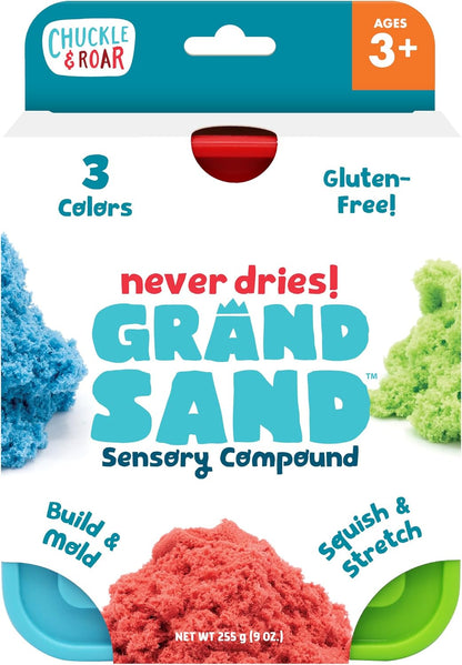 Chuckle & Roar Grand Sand Play Sand - Red, Blue & Green, Ages 3+, Pack of 3 - Never Dries, Sensory Bin Filler - Works Under Water, Sensory Table Filler - Stretch, Mold & Cut
