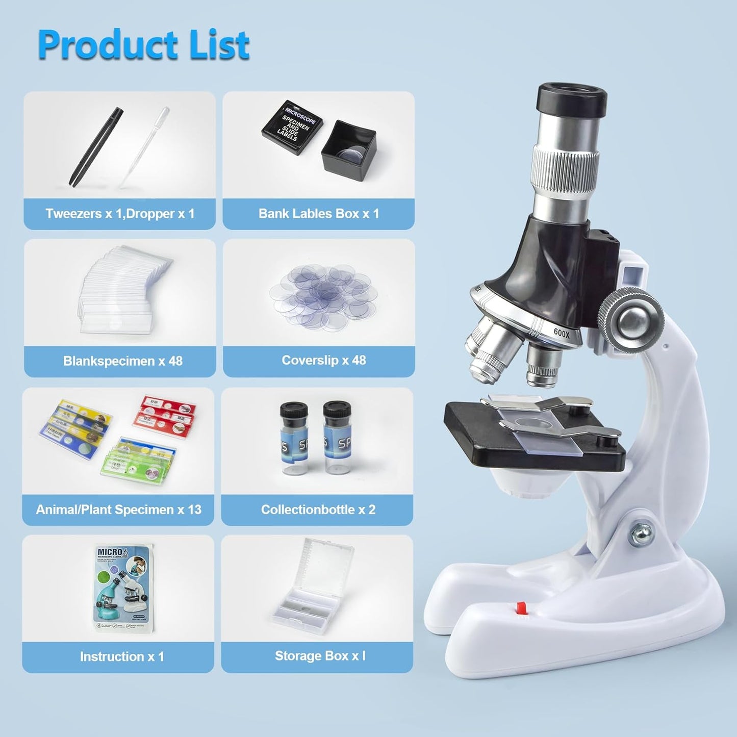 115 Pcs Microscope Science Kit for Kids with 100X-1200X Magnification,Equiped with Prepared and DIY Blank Slides Microscope for Beginner Boys Girls