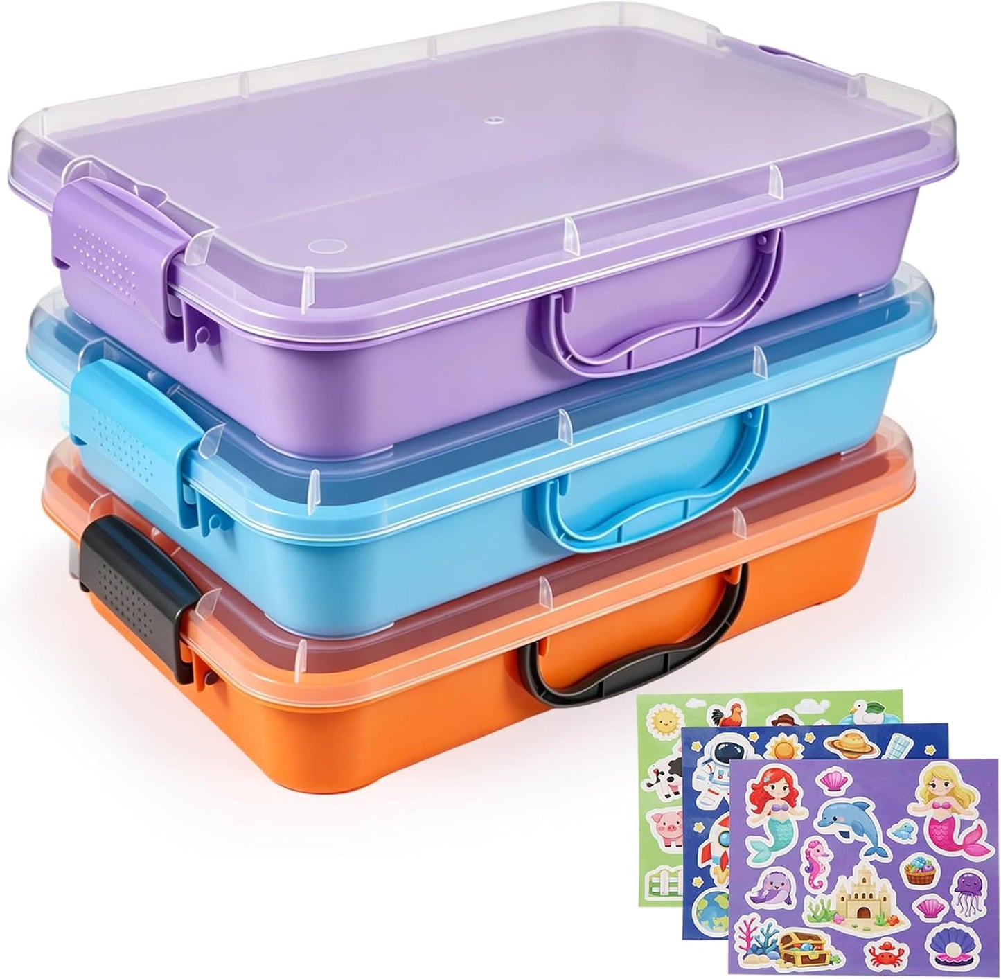 FIIOEOY 3 Pcs Sensory Bin Sand Tray with Lid & 3 Stickers, Stackable Plastic Storage Containers, Portable Sandbox, Organizers for Toys, Sand, Arts, Crafts (Blue, Green, Pink)