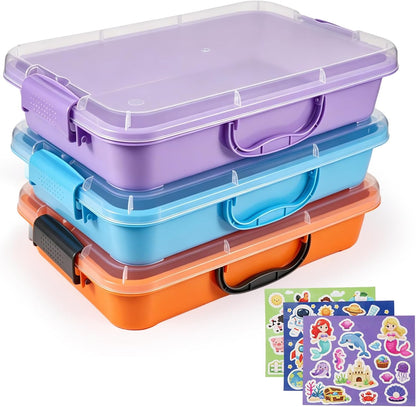 FIIOEOY 3 Pcs Sensory Bin Sand Tray with Lid & 3 Stickers, Stackable Plastic Storage Containers, Portable Sandbox, Organizers for Toys, Sand, Arts, Crafts (Blue, Green, Pink)