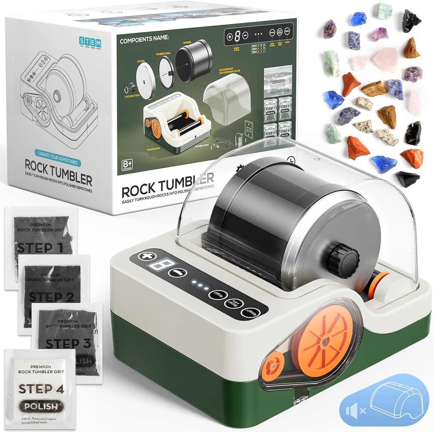 HopeRock Ultra Quiet Rock Tumbler Kit, Rock Polisher with Noise Reduction Cover for Kids, Adults & Rock Collector, 3-Speed Motor & 9-Day Timer, Great STEM Science Kit Gift for Age 8+, Boys Girls Toys