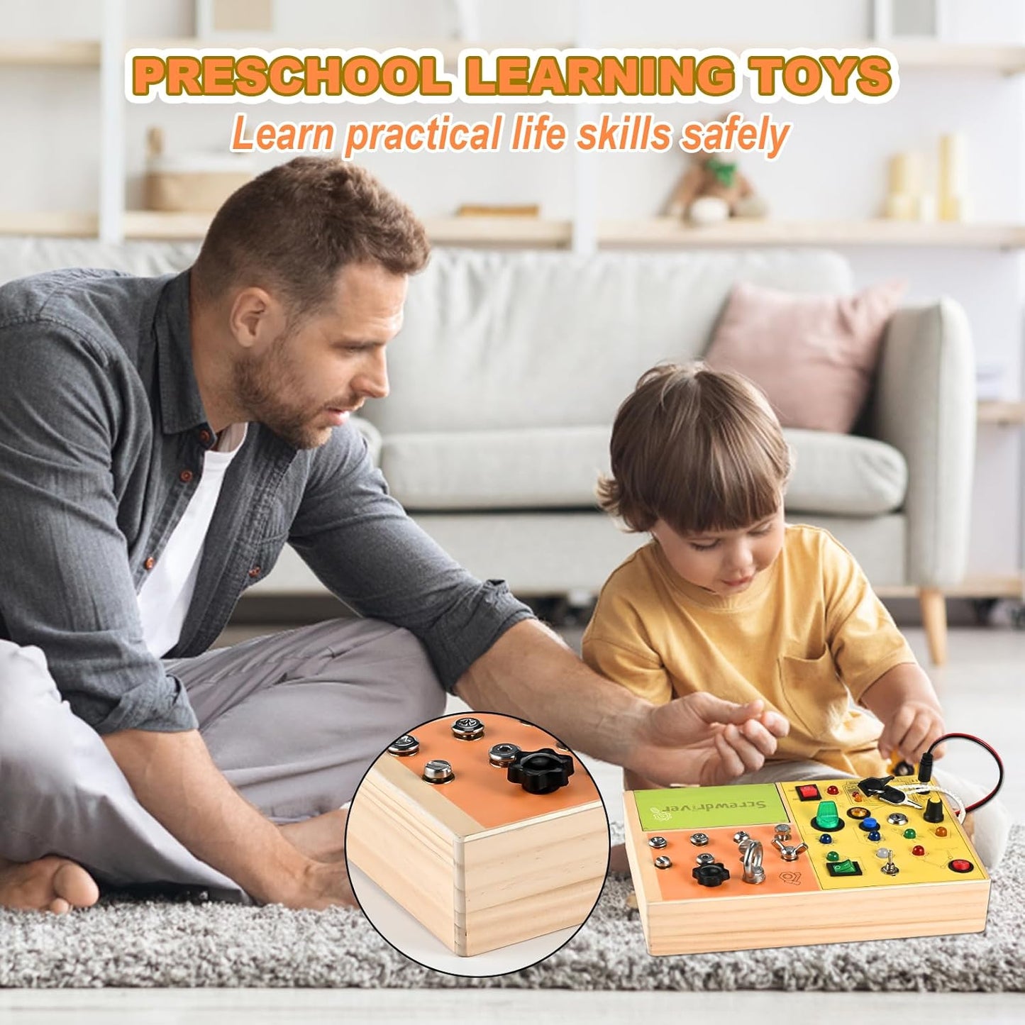 Busy Board with LED Light, Screws and Key, 3-in-1 Montessori Screwdriver Board, Wooden Switch Board, Montessori Toys for Toddler 3 4 5 Year Old, Fine Motor Skill Toys Birthday for Kids