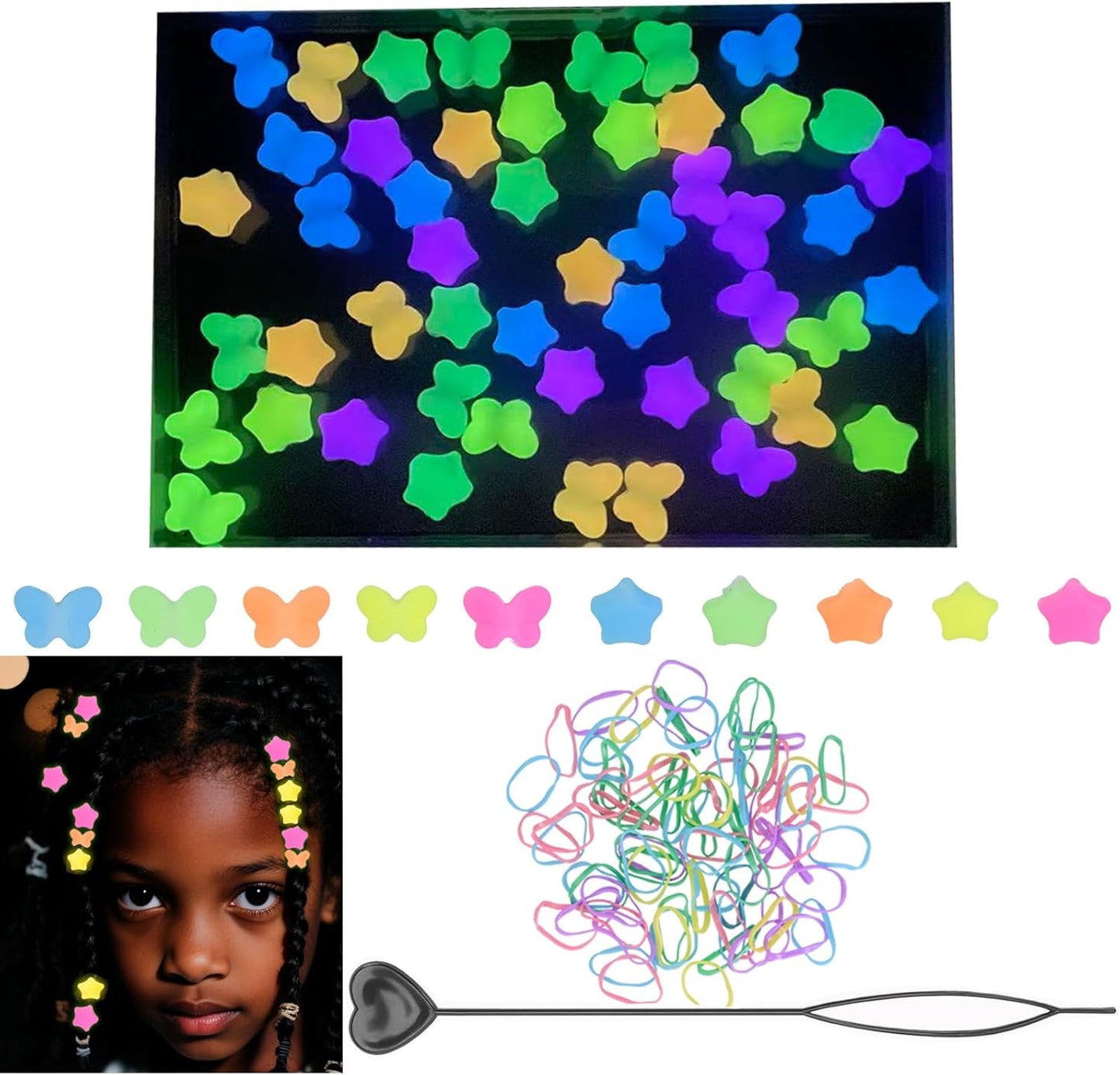 50Pcs Soft Small Silicone Beads for Hair,Hair Beads for Kids Girls Braids with 5mm Hole Glow in The Dark 5 Color(50)