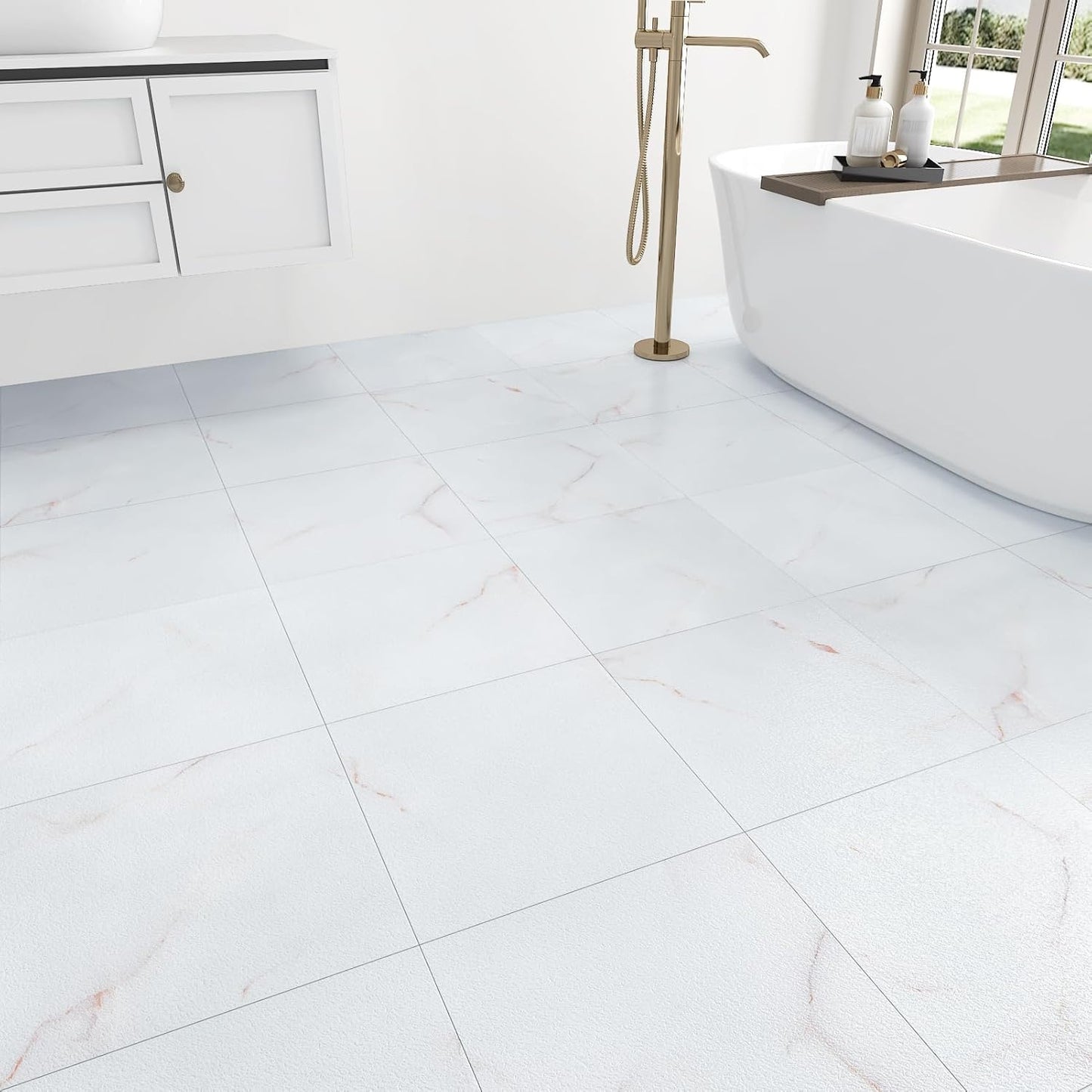 Wallercity White Marble Peel and Stick Vinyl Floor Tiles 6-Pack 12x12 Inches Self Adhesive Waterproof Flooring Planks for Bathroom Kitchen Bedrooms Stick on Floor Tiles Laminate Sheets Vinyl Flooring