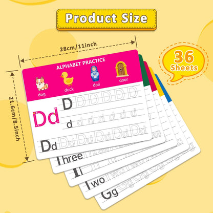 Dry Erase Alphabet & Number Practice Boards for Kids – A-Z Letters & Numbers 1-10, 18 Double-Sided Reusable Sheets (36 Pages), 11x8.5, Preschool, Kindergarten & Homeschool Writing Practice Tool