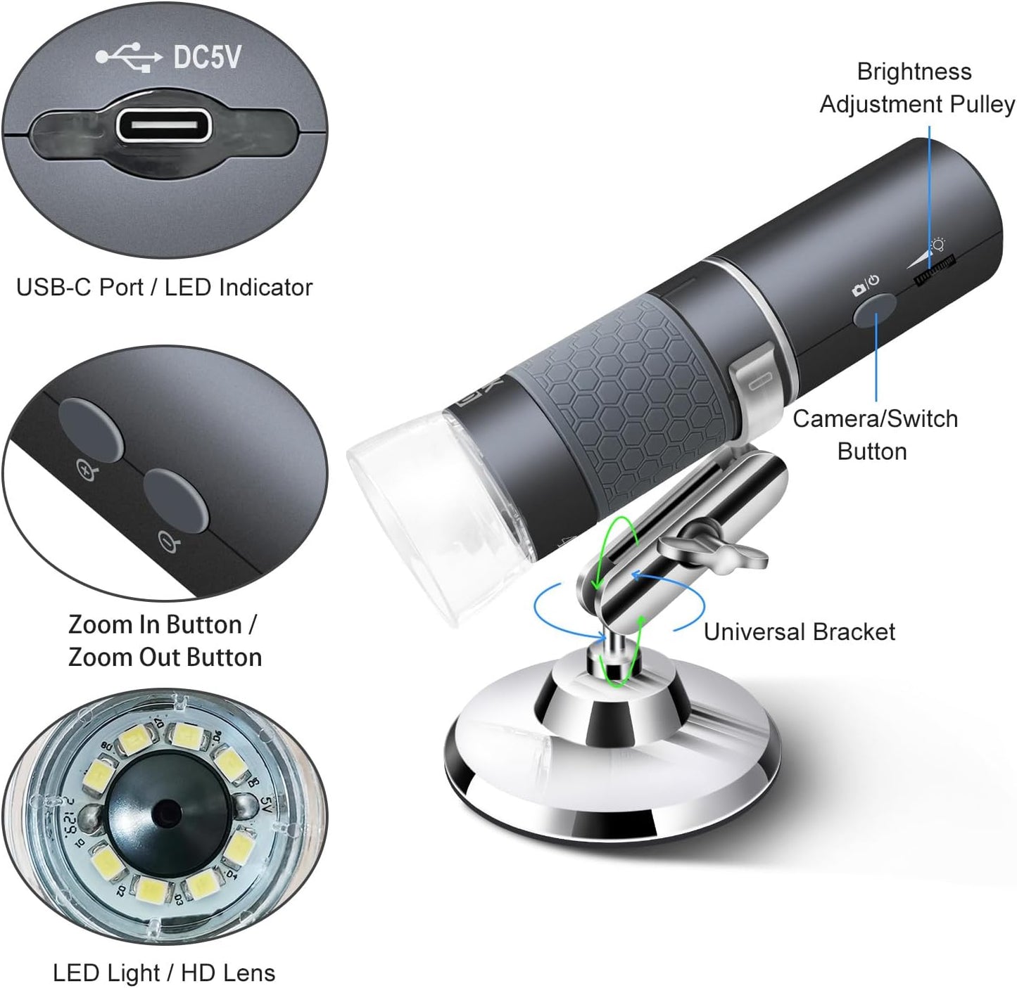 4K WiFi Microscope for iPhone Android PC, 50-1000X USB Digital Microscope Wireless Super HD Endoscope Camera Compatible with All Cellphones iPad Android Tablet Windows Mac Chrome Linux