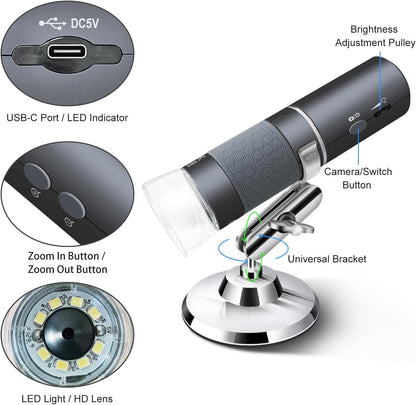 4K WiFi Microscope for iPhone Android PC, 50-1000X USB Digital Microscope Wireless Super HD Endoscope Camera Compatible with All Cellphones iPad Android Tablet Windows Mac Chrome Linux
