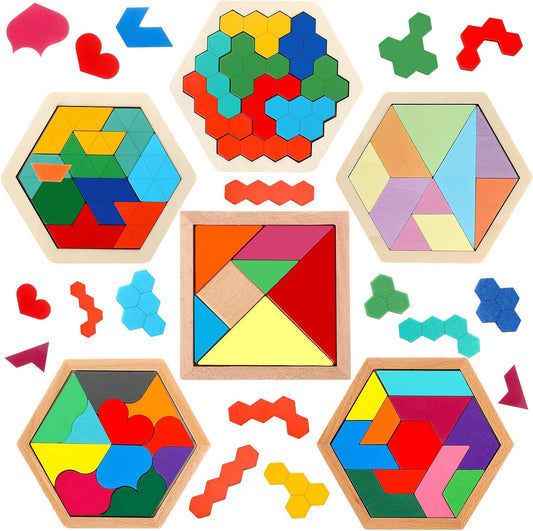 Jerify 6 Pack Wooden Tangrams Puzzles for Kids Wooden Hexagon Puzzle Block Geometric Brain Teaser Jigsaw Block 3D Logic Iq Game Stem Toy Educational Gift for Adults Challenge