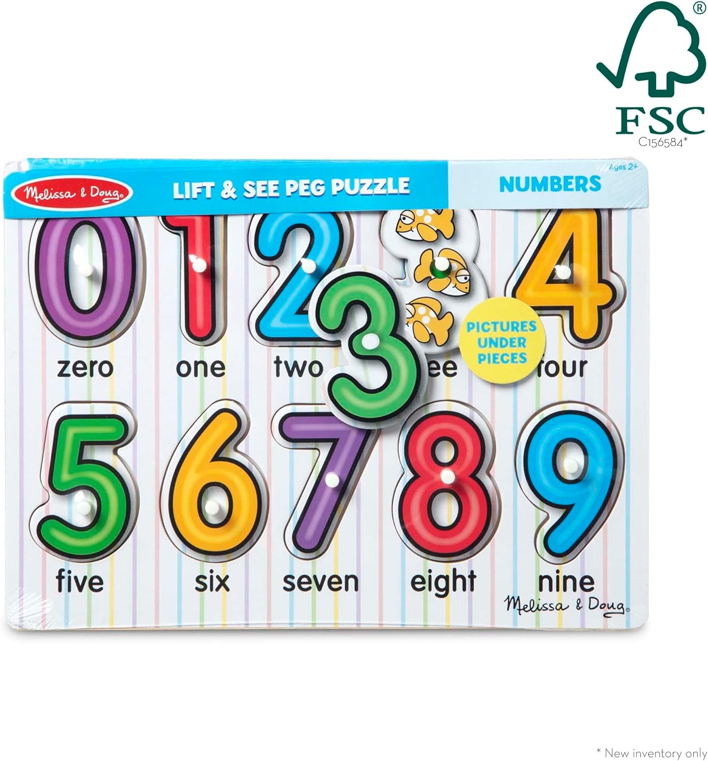 Melissa & Doug Lift & See Numbers Wooden Peg Puzzle - 10 Pieces - FSC Certified