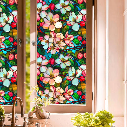 JOONOR Privacy Window Film Stained Glass Window Sticker Non-Adhesive Frosted Glass Film Decorative Magnolia Flower Pattern Static Cling Decals for Home UV Blocking/Heat Insulation 17.7 x 39.4 Inch