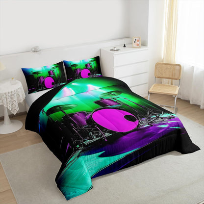 Erosebridal Drum Kit 3D Print Kids Comforter Sets Rock Music Themed Full Bedding Set for Boys Girls Musical Pattern Comforter Set,Colorful Retro Style Quilt Duvet 3 Pcs