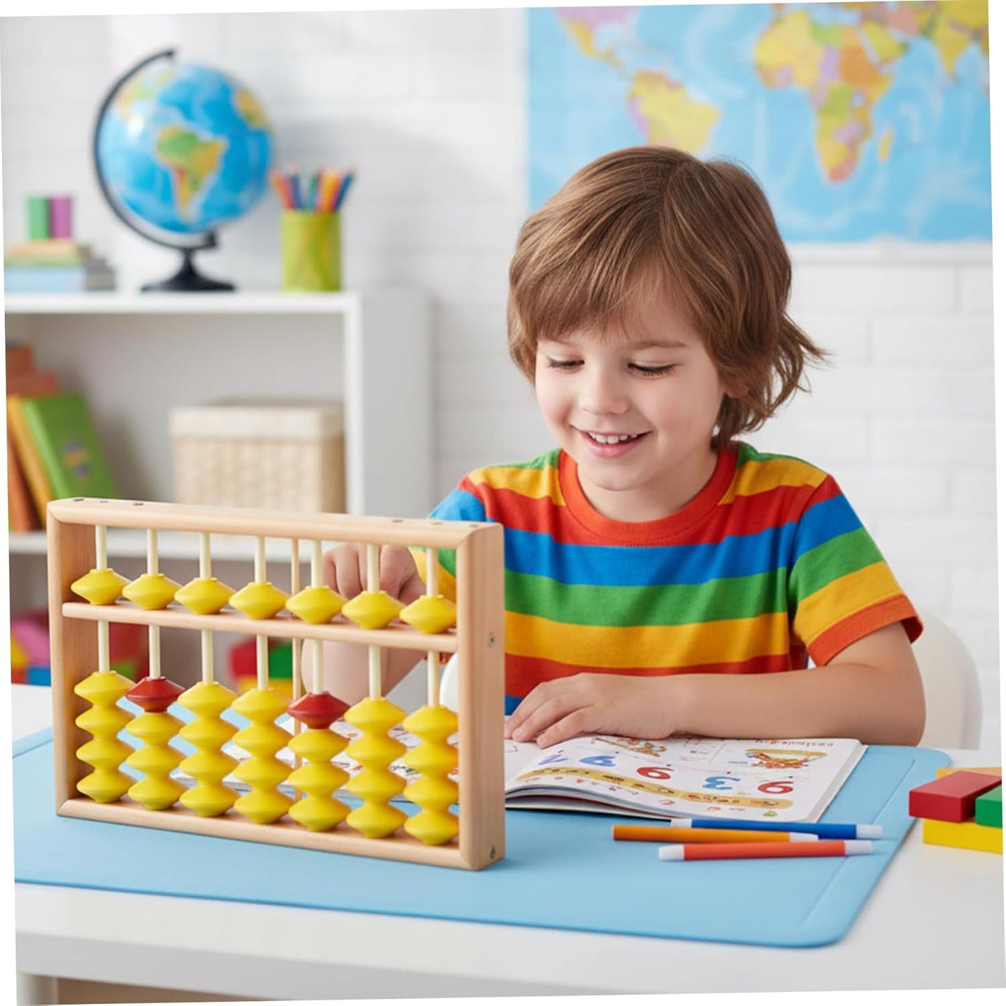 Wooden Abacus for Kids Math, 7 Rods Classroom Abaco with Non-Slip Beads & Hanging Rope, Teacher's Large Abacus for Elementary School