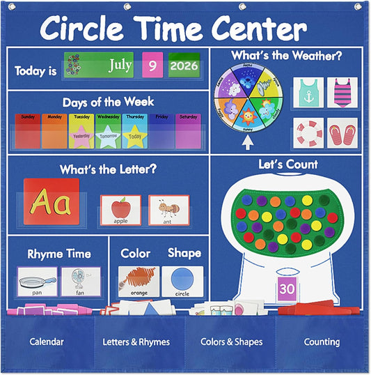 Educational Pocket Chart, 39.76 x 39.76 inches Circle Time Learning Center Pocket Chart Learning Center Classroom Pocket Chart Circle Time Learning Calendar Weather Counting Letter Color Shape