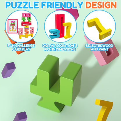 Wooden Number Building Blocks - 20Pcs Stacking for 3+ Years Old Kids, Digital Building Blocks, 1-10 Digital Blocks Toys, Balance Competition Toy, Educational Gift for Boys and Girls