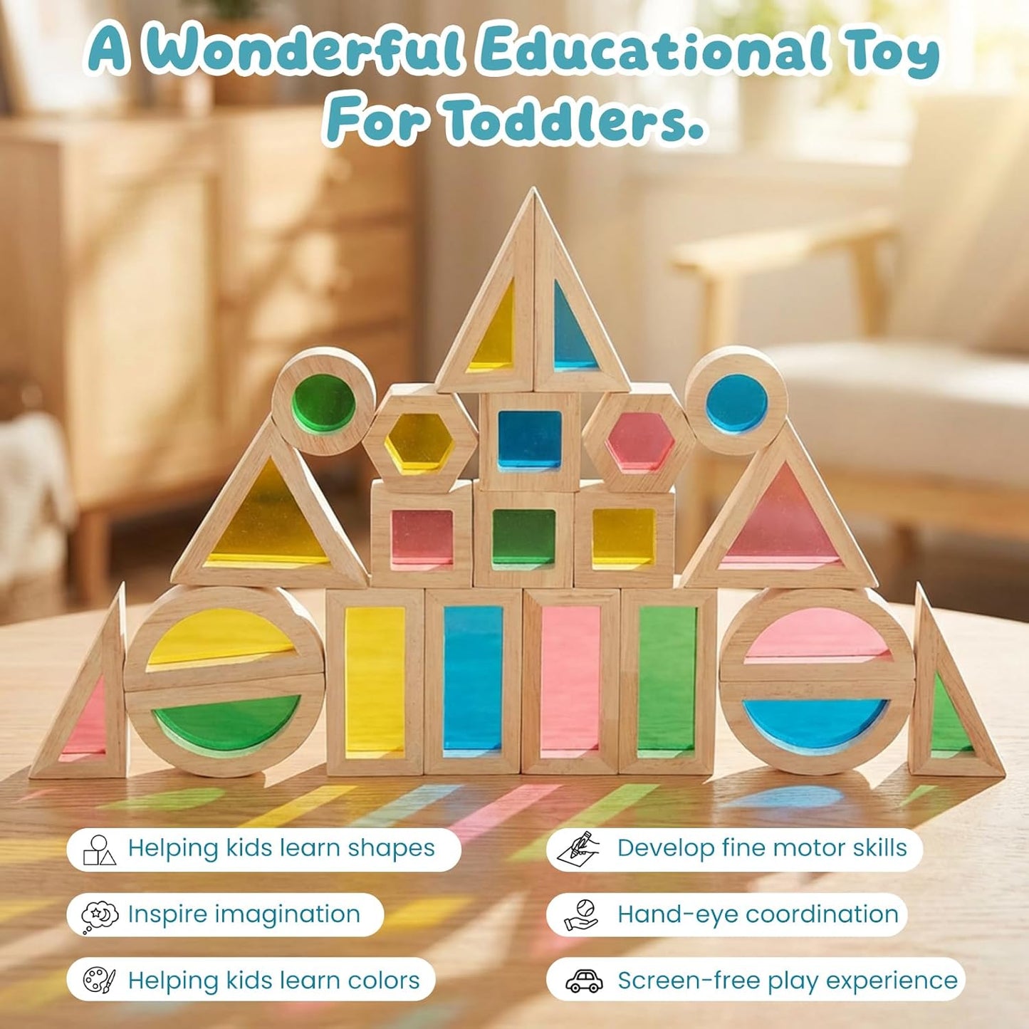WOODENFUN Wood Building Blocks Set for Kids, 32 Pcs Rainbow Stacker Stacking Game Construction Toys Set Preschool Colorful Learning Educational Toys, Geometry Wooden Blocks for Boys Girls