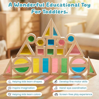 WOODENFUN Wood Building Blocks Set for Kids, 32 Pcs Rainbow Stacker Stacking Game Construction Toys Set Preschool Colorful Learning Educational Toys, Geometry Wooden Blocks for Boys Girls