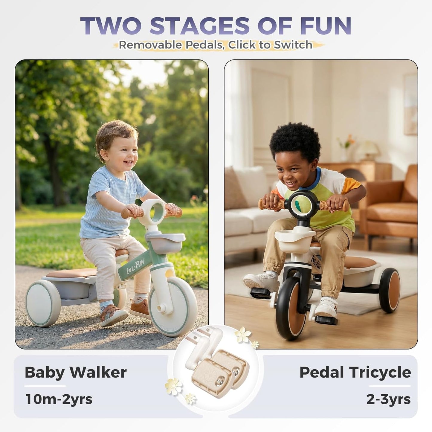 Tricycle for Toddlers 1-3 Years Old Toy, Adjustable Kids Bike for Boys Girls Birthday Gift Age 2-4, Baby Trike with Storage Baskets & Removable Pedals