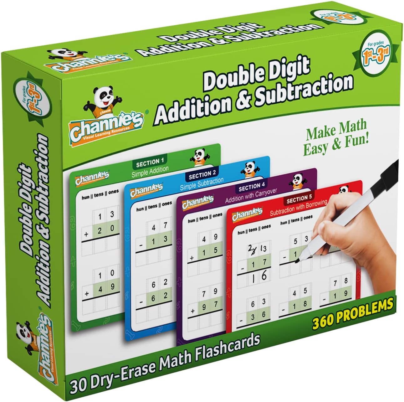 Channie’s Double Digit Addition and Subtraction Flash Cards, 30 Dry Erase Educational Math Flash Cards for Kids, Ideal for 1st to 3rd Grade, Level 2 Color-Coded Cards, 360 Two-Digit Problems
