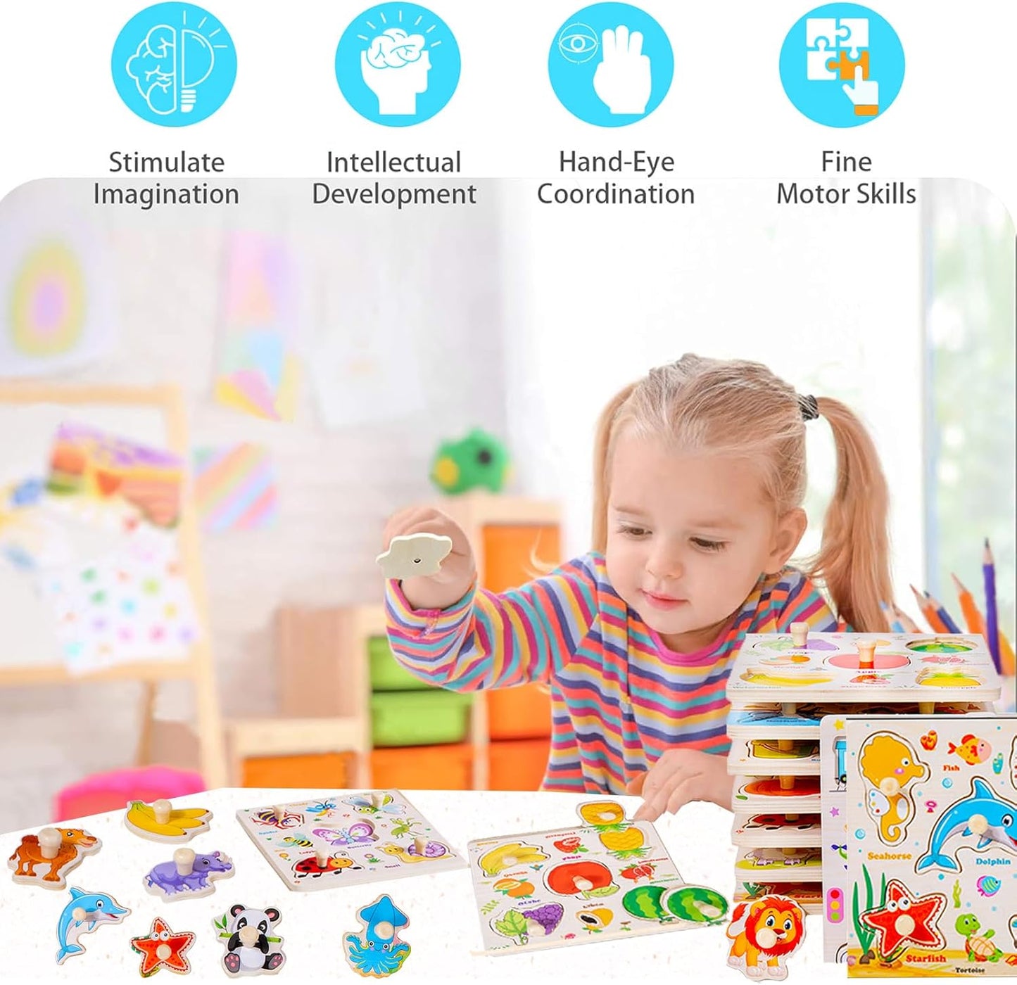 8Pcs Wooden Puzzle for Toddler 1-3, Peg Puzzles for Toddler 2-4, Montessori Learning Toys with Animals, Dinosaur, Fruits & More, Preschool Puzzle Set Educational Toys Toddler Gifts for Girls Boys