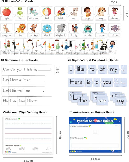 CHEFAN Sentence Building Phonics Flash Cards Kit, Sight Words & Picture Cards with Writing Board, Alphabet Learning Activities for Toddlers & Kids PreK Kindergarten 1st Grade, Speech Therapy Toys