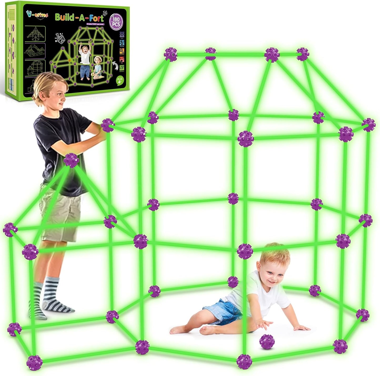 V-Opitos 140 Pack Glow in The Dart Fort Building Kits for Kids Age 4, 5, 6, 7, 8+ Years Old, STEM Building Toys for DIY Castles, Tunnels, Ideal Christmas, Birthday Gifts for Boys & Girls