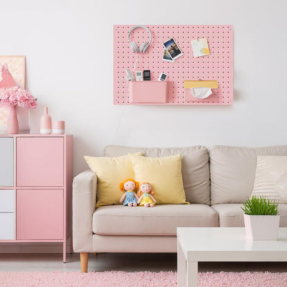 Peg Board, 2 Pack Metal Pegboard Panels Pink Pegboards Wall Organizer with Frame Large Heavy Duty Peg Board with Hooks for Walls Home,Garage Tool Storage,Office Organization,Kitchen 24”×16”