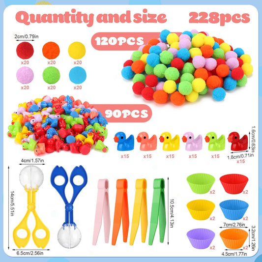228 Pcs Colorful Sensory Bin Filler Fine Motor Toys Counting Sorting 120Pcs Pom Pom 90Pcs Mini Resin Duck 12Pcs Sorting Cups 4Pcs Tweezers 2Pcs Scissors Clips for Preschool Early Education
