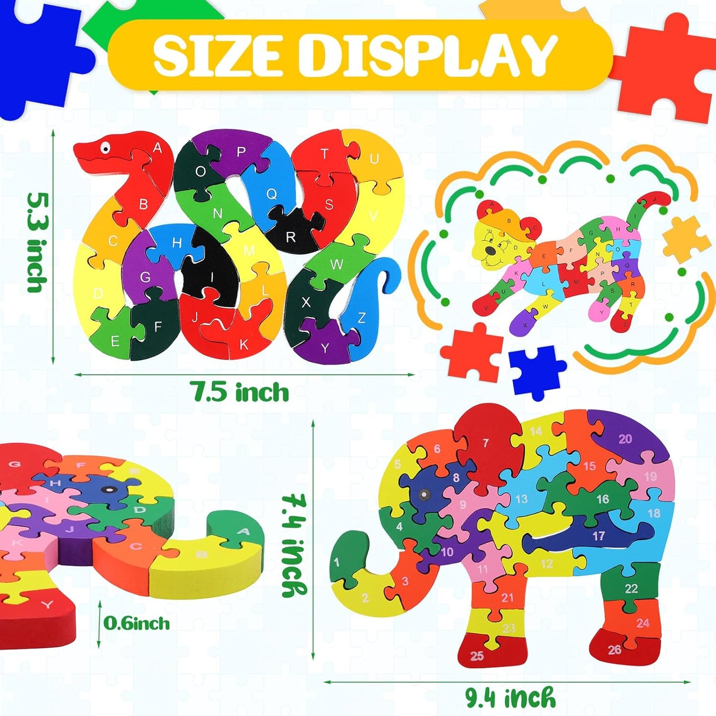 Yunsailing 4 Pcs Alphabet Jigsaw Puzzle Wooden Blocks Toys Alphabet Educational Toddler Puzzle Toys for Preschool Learning Party Favor Gift Learning (Snake, Snail, Duck, Leopard)