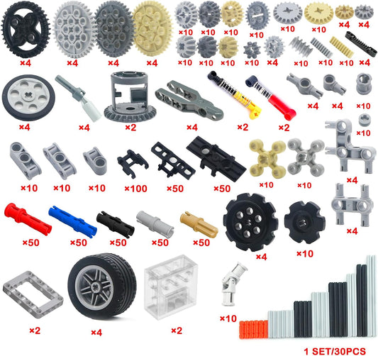 Pamvava Gears-Axles-Pins Sets Compatible with Technic-Parts Pieces-Motor, Car-Wheels-Tires Chain Link Connector Building Block Accessories Shock Absorber Steering Shaft Gearbox Gears Bricks
