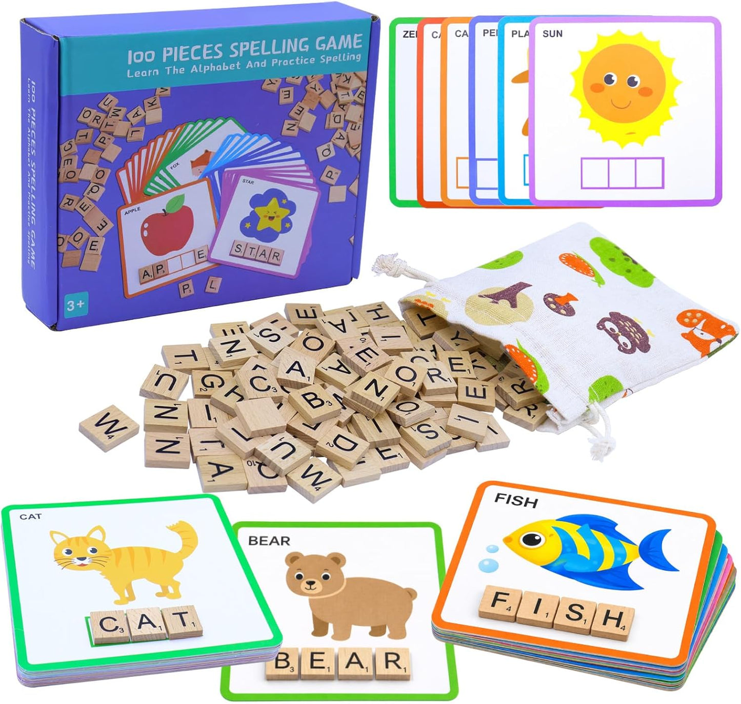 Spelling Game for Kids Ages 3-8, Word Building & Sight Word Games, Phonics Learning Toy with 100 Wooden Letter Tiles & 30 Double-Sided Flashcards, Preschool Kindergarten Early Reading Game