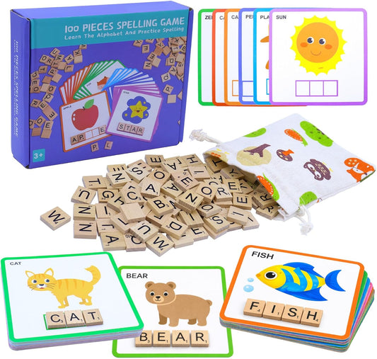Spelling Game for Kids Ages 3-8, Word Building & Sight Word Games, Phonics Learning Toy with 100 Wooden Letter Tiles & 30 Double-Sided Flashcards, Preschool Kindergarten Early Reading Game