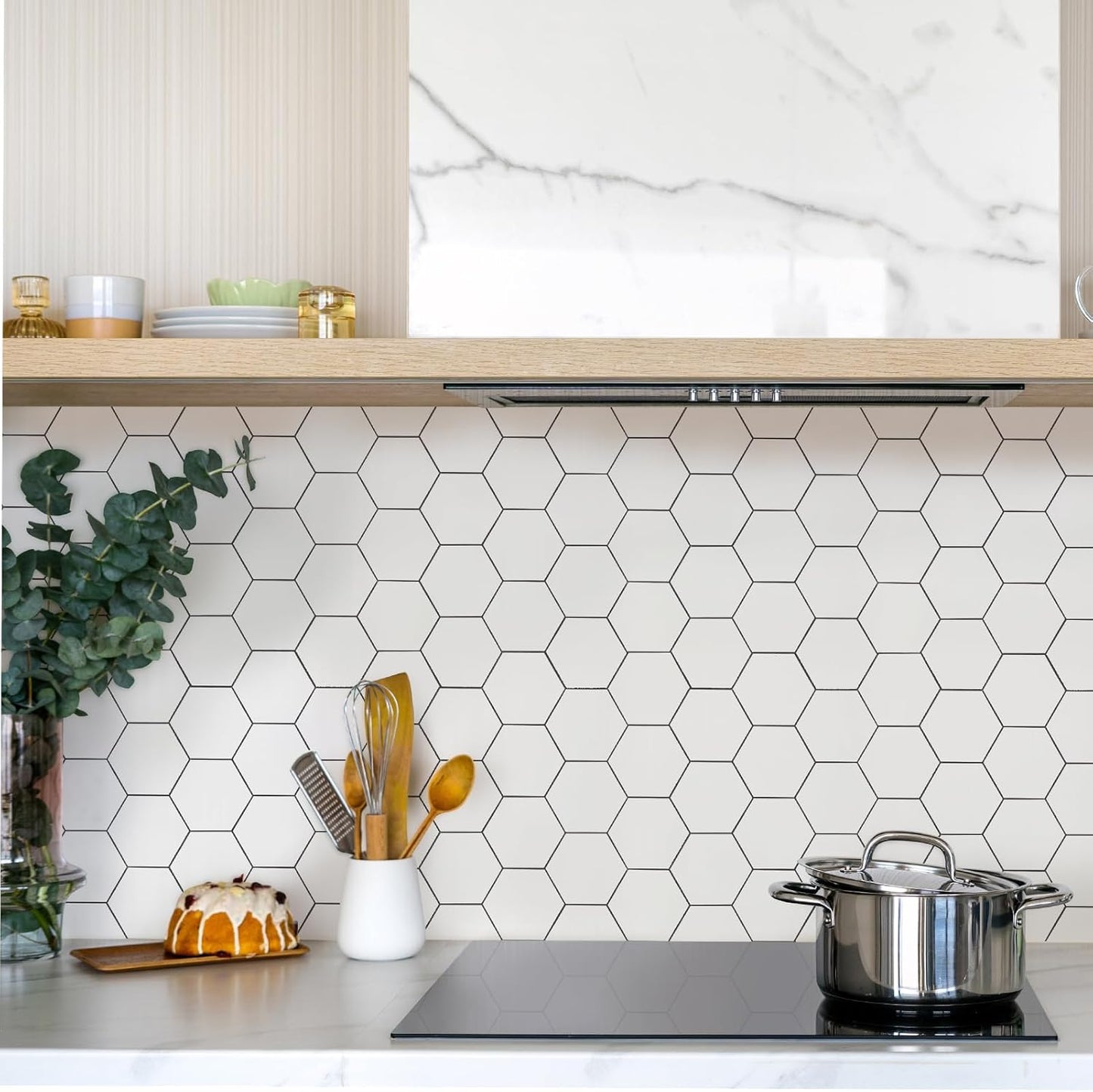 Yipscazo 10 Sheet Hexagon Peel and Stick Backsplash,Self Adhesive Luxury Faux Marble Tile, Asenka Beige Wall Tile for Kitchen, Stick on Backsplash Tiles for Bathroom,RV,Laundry