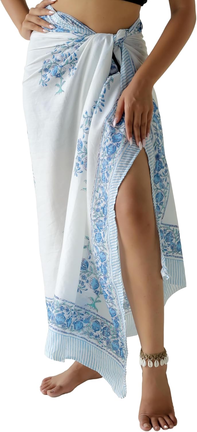 100% Cotton Sarong Cover Up for Women Indian Block Print Beach Wrap Skirt Long Boho Swimsuit Bikini Pareo (73” x 43”)