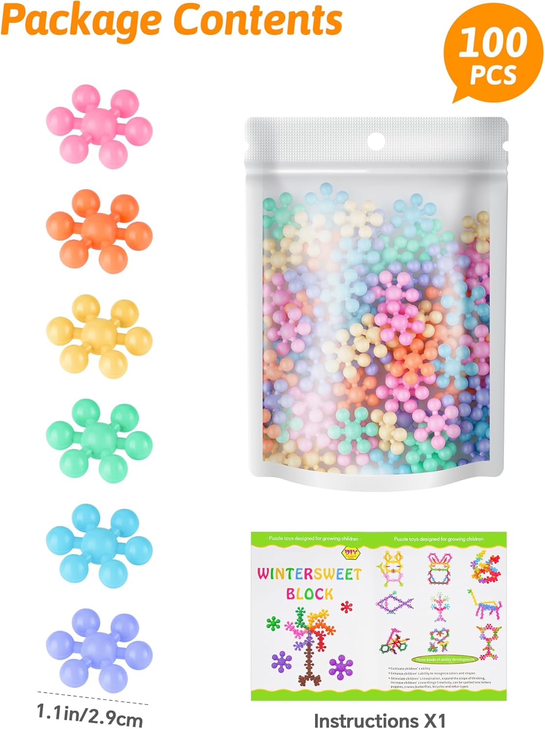 Snowflake Interlocking Building Block Educational Toy 300PCS for Kids Ages 3+, Multi-Color Solid Plastic Early Learning Creativity STEM Toy with Carrying Case Safe Material