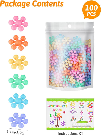 Snowflake Interlocking Building Block Educational Toy 300PCS for Kids Ages 3+, Multi-Color Solid Plastic Early Learning Creativity STEM Toy with Carrying Case Safe Material