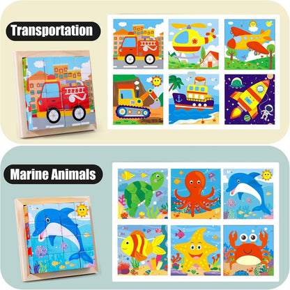 24 Jigsaw Puzzle Designs Cube Wooden Puzzles with Storage Tray,Toddler Kids Puzzles Ages 3 4 5 6,Educational Learning Montessori Toys for 3 4 5 Year Old